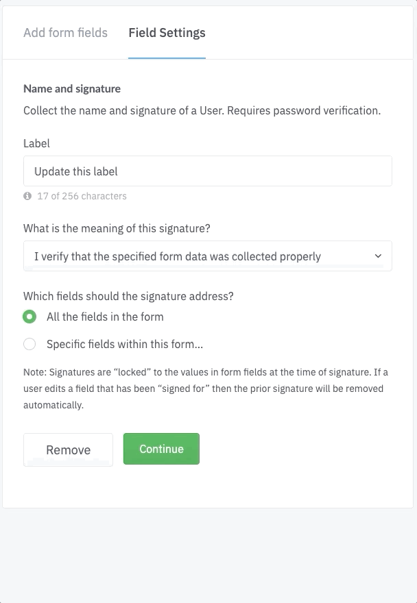 Choosing fields for signature